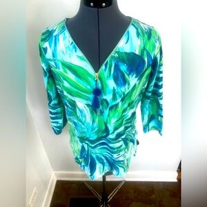 BELLE Kim Gravel XS Top Laguna Lido Zipper Neck Tassel 3/4 Sleeve Blue&Aqua